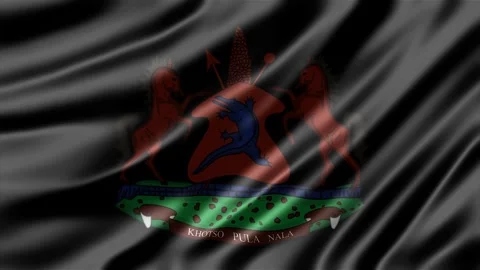 Lesotho coat of arms emblem featured on a dark black fabric waving Stock Footage 344031364