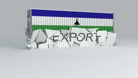 Lesotho container with the flag falls on top of a container labeled EXPORT Stock Footage 124597967