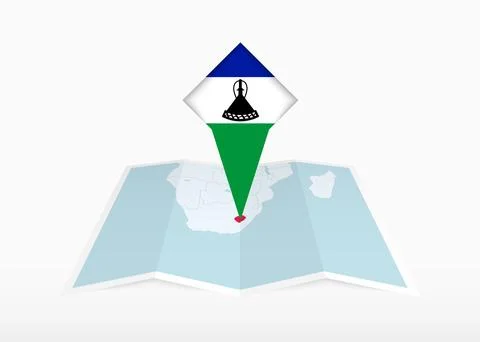 Lesotho is depicted on a folded paper map and pinned location marker with f.. Stock Illustration