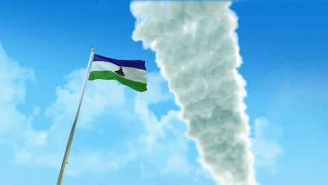 Lesotho Flag 3D Render Animation on Pole with Fighter Jets Smoke Trails in B Stock-Footage 333253197