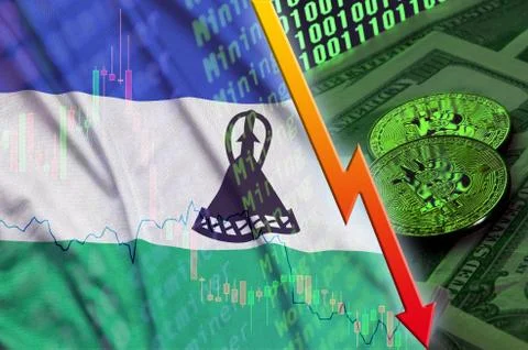 Lesotho flag and cryptocurrency falling trend with two bitcoins on dollar bil Foto stock