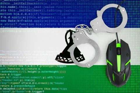 Lesotho flag  and handcuffed computer mouse. Combating computer crime, hacker Stock-Fotos