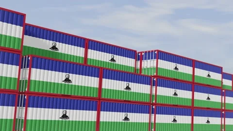 Lesotho flag containers are located at the container terminal Stock Footage 154713849