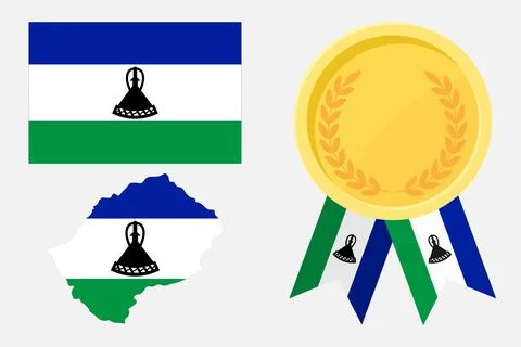 Lesotho flag with map and gold medal in set for web and banners or app and .. Stock Illustration