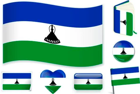 Lesotho flag in seven shapes. Editable with separate layers. Stock Illustration