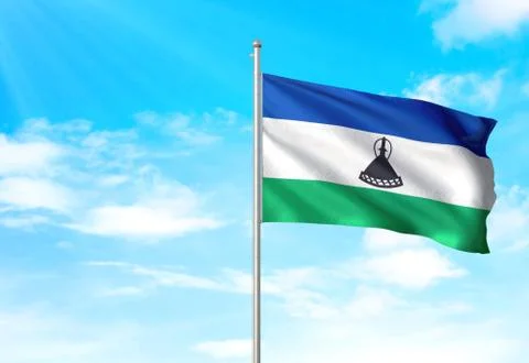 Lesotho flag waving sky background 3D illustration Stock Illustration
