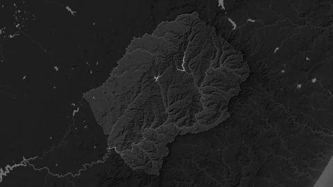 Lesotho highlighted on a Grayscale elevation map with lakes and rivers Illustrazione stock