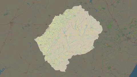 Lesotho highlighted on a topographic, OSM standard style map Illustrazione stock