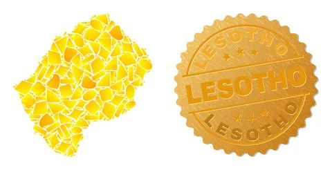 Lesotho Map Mosaic of Golden Elements and Metal Lesotho Stamp Stock Illustration