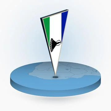 Lesotho map in round isometric style with triangular 3D flag of Lesotho Stock Illustration
