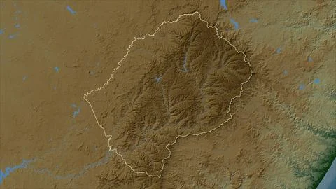 Lesotho outlined on a Colored elevation map with lakes and rivers Illustrazione stock