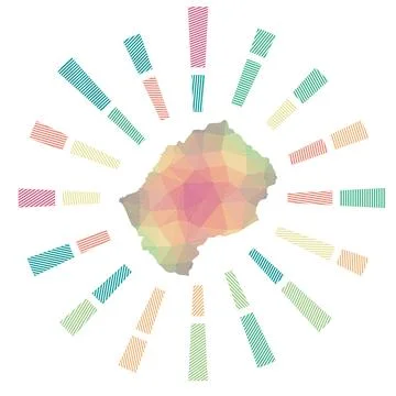 Lesotho sunburst. Low poly striped rays and map of the country. Classy vect.. Illustrazione stock