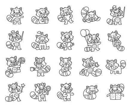 Lesser panda character set in outline line Stock Illustration