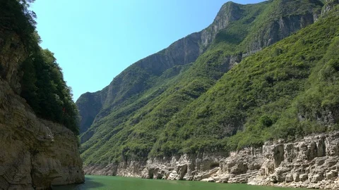 Lesser Three gorge scenic view from a moving boat cruise on river in China Stock Footage 119189035