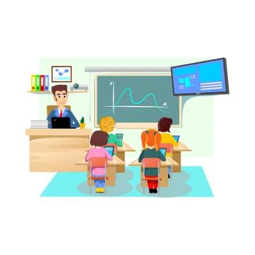 Lesson in classroom at school or college, teacher explains lesson near desk in Stock Illustration