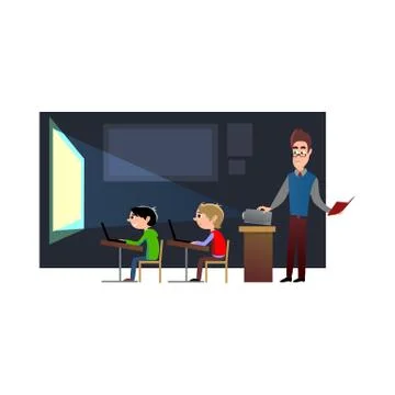 Lesson in classroom at school or college, teacher explains lesson near desk in Stock Illustration
