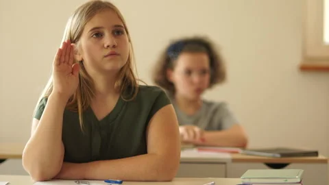 Lesson in the classroom, the student asks the teacher a question, the teacher Stock Footage 132796053