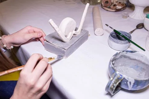 Lesson in the clay workshop, handmade Stock Photos