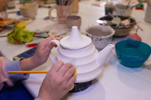 Lesson in the clay workshop, handmade Stock Photos