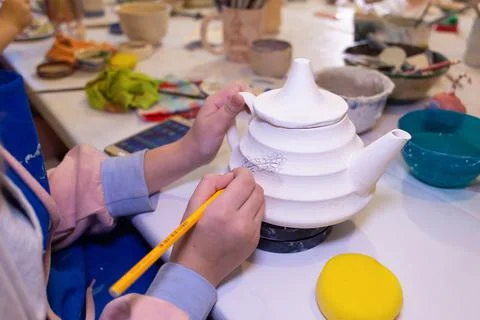 Lesson in the clay workshop, handmade Stock Photos