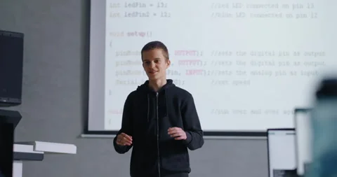 Lesson Of Computer Science In High School, Portrait Of Boy Speaking In Front Of Stock Footage 281613712