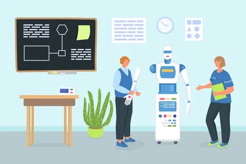 Lesson on electronic robotic technology, vector illustration. Man woman people Stock Illustration