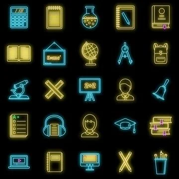 Lesson teacher icons set vector neon Stock Illustration
