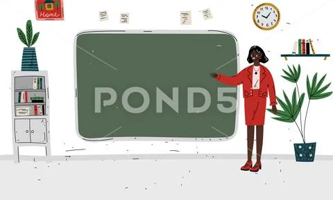 Lesson. Teacher standing near blackboard in classroom. Stock Illustration