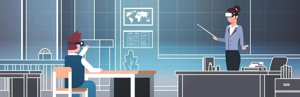 Lesson In Virtual Reality School With Students And teacher Wearing 3d Vr Glasses Stock Illustration