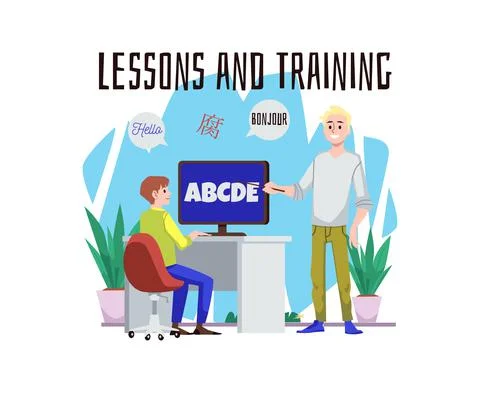 Lessons and training of foreign language flat vector illustration isolated. Illustrazione stock