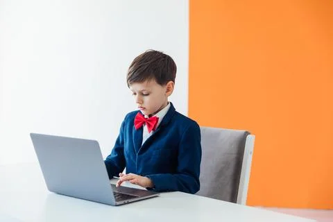 Lessons Boy Schoolboy Studying at the Computer Online School Foto stock