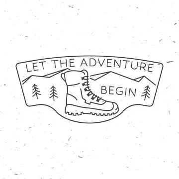Let the adventure begin. Sammer camp line art badge. For patch, stamp. Vector Illustrazione stock