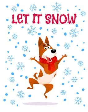 Let it snow. Cartoon jumping dog in red scarf. Stock Illustration