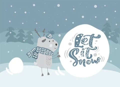 Let It Snow Christmas vector scandinavian calligraphic vintage text with deer Stock Illustration