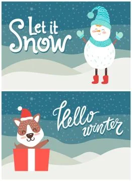Let it Snow Hello Winter Bright Snowy Postcard Stock Illustration