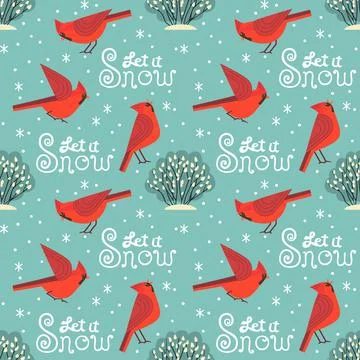 Let it Snow Red Cardinal birds seamless pattern Stock Illustration