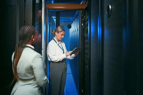 Let me pull up the data. two young IT specialists standing together in the 스톡 사진