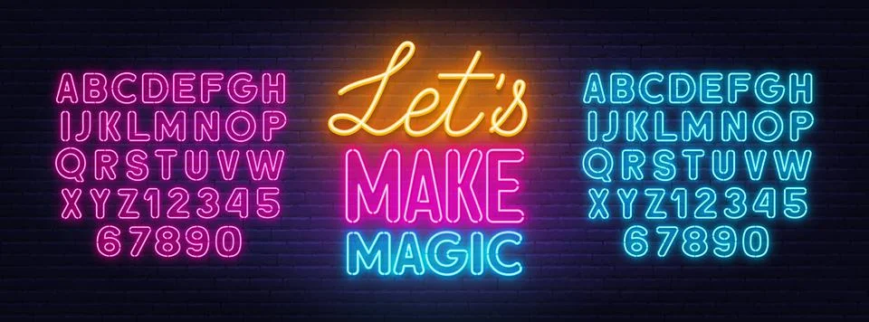 Let s Make Magic neon lettering on brick wall background. Stock Illustration