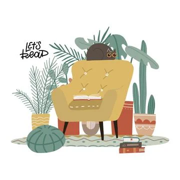 Let s read concept. Modern cartoon living room with furniture and plants. Cozy Stock Illustration