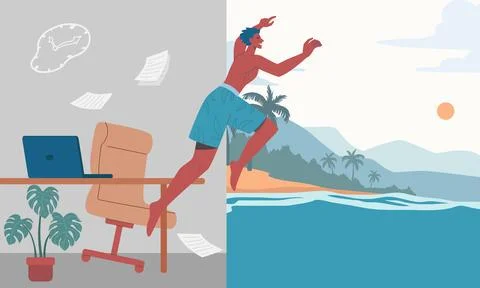 Let the summer begin. Young man jumped from his office into the sea, Summer.. Stock Illustration