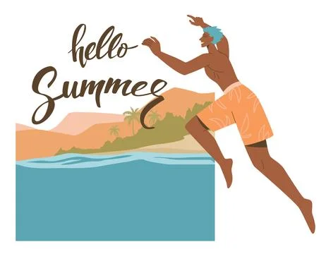 Let the summer begin. Young man jumped from his office into the sea, Summer.. Stock Illustration