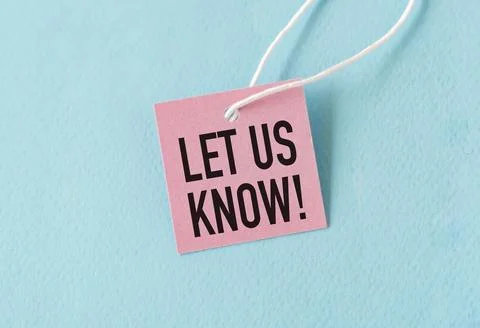 Let us Know text quote on a pink card, Business Concept on Blue Background. Stock Photos