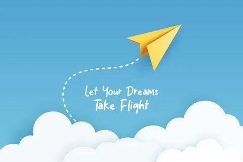 Let Your Dreams Take Flight. Minimalist Vector Banner With Yellow Paper Airplane Stock Illustration