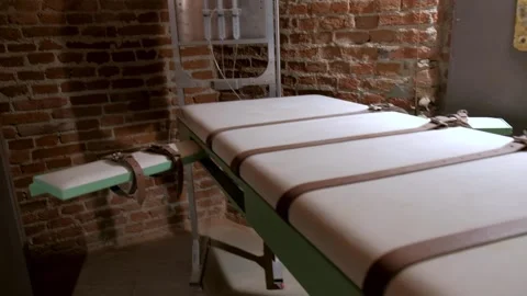 Lethal injection concept. Panoramic over the bed for prisoners Stock Footage 302220434