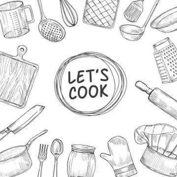 Lets cook. Cooking chef class sketch background. Culinary kitchen utensils Stock Illustration