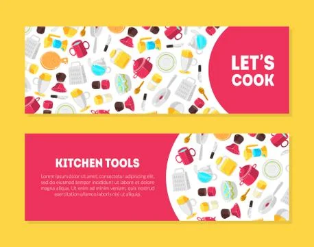 Lets Cook, Kitchen Tools Banner Templates Set with Place for Text and Cooking Illustrazione stock