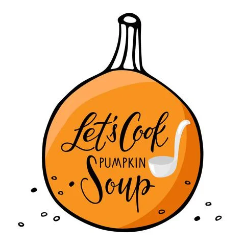 Lets Cook pumpkin soup Calligraphy text with ladle on pumpkin sketch Stock Illustration