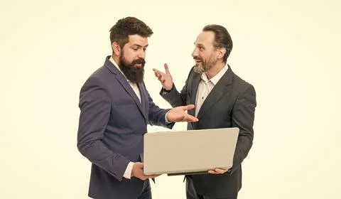 Lets do this. Startup project managers isolated on white. Bearded men run Stock Photos