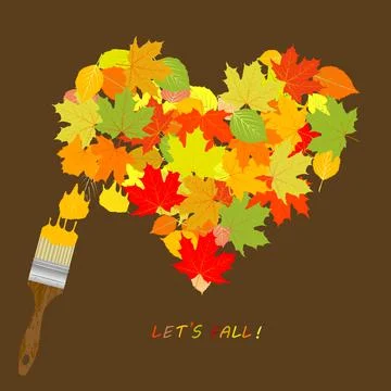 Let's fall concept with brush painting a heart of colored dry leaves Stock Illustration
