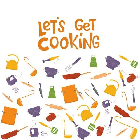 Lets get cooking lettering sing with kitchen tools in frame. Vector stock Stock Illustration
